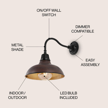 Aurora 12.25" Farmhouse Industrial Indoor/Outdoor Iron LED Gooseneck Arm Outdoor Sconce